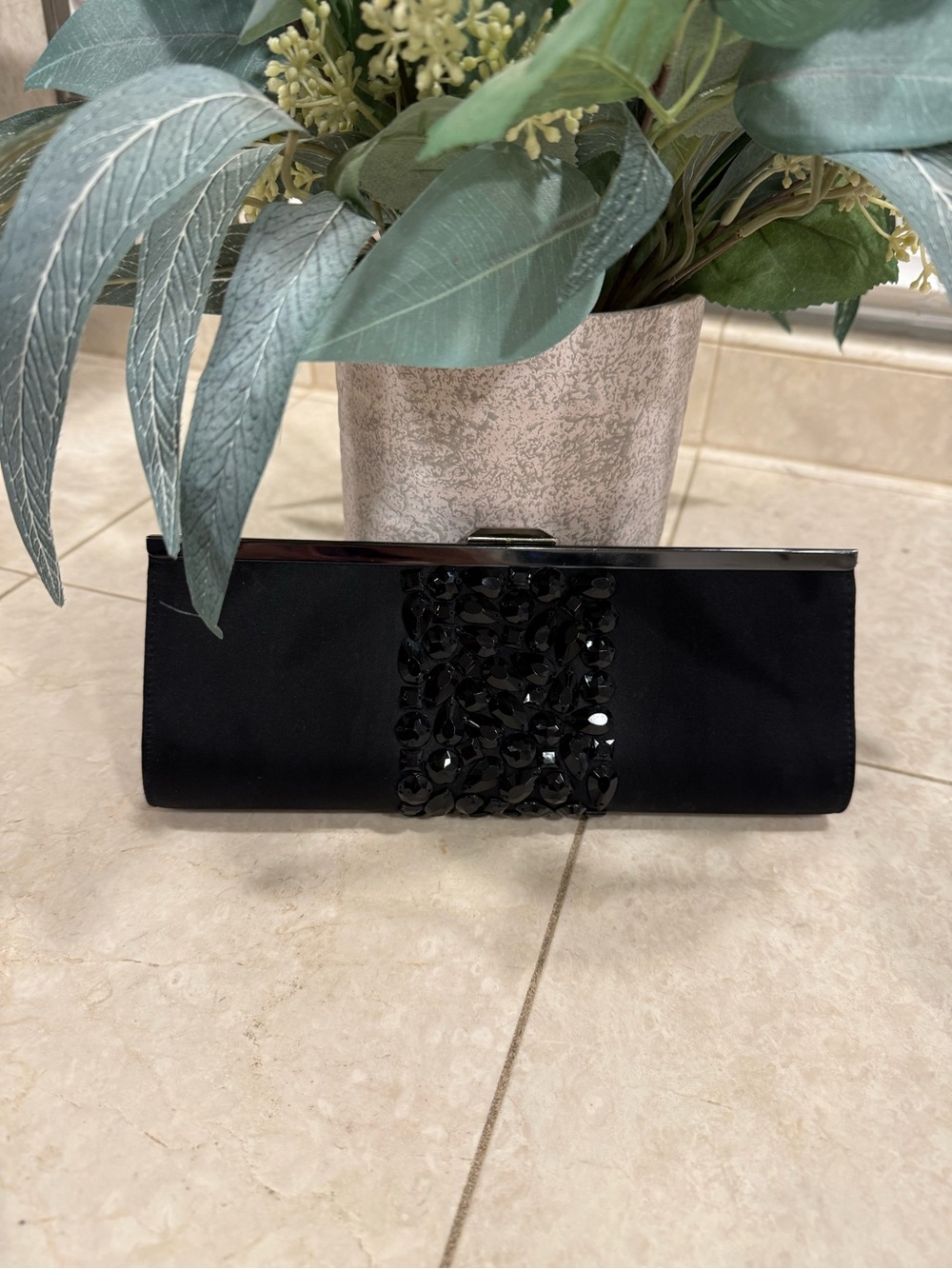 Banana Republic Black Satin Clutch with Bead Embellishment